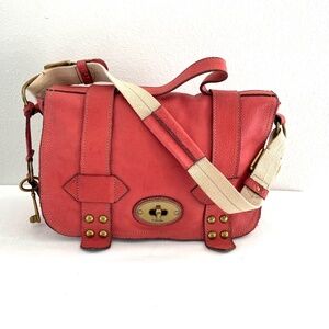 Fossil Long Live Vintage Messenger Satchel Leather Bag Coral Salmon Red-Orange